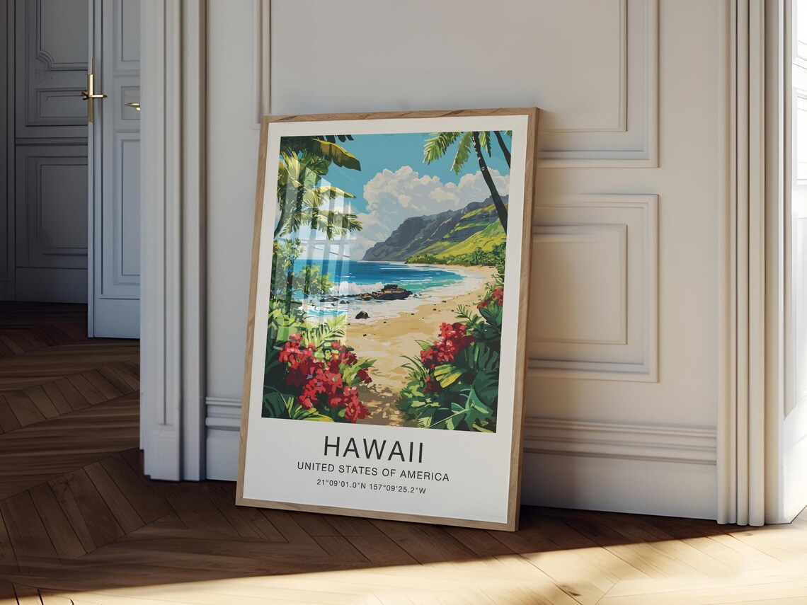 Hawaii Travel Poster Tropical Beach Palms Red Flowers Illustration Art - Image 3
