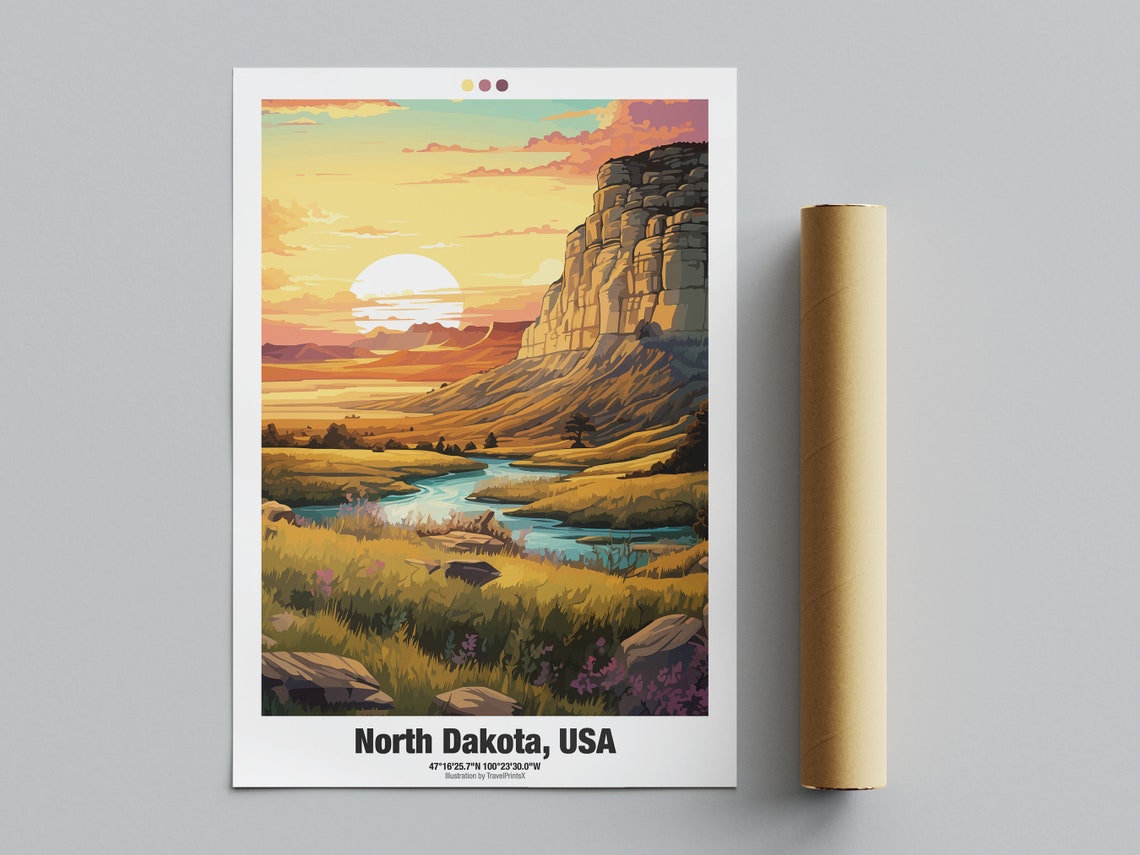 North Dakota Sunrise River Valley Cliff Nature Travel Poster