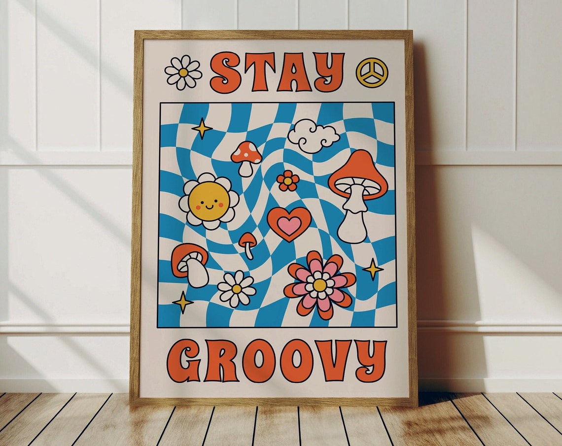 Stay Groovy 70s Retro Checkerboard Mushroom Funky Design Poster