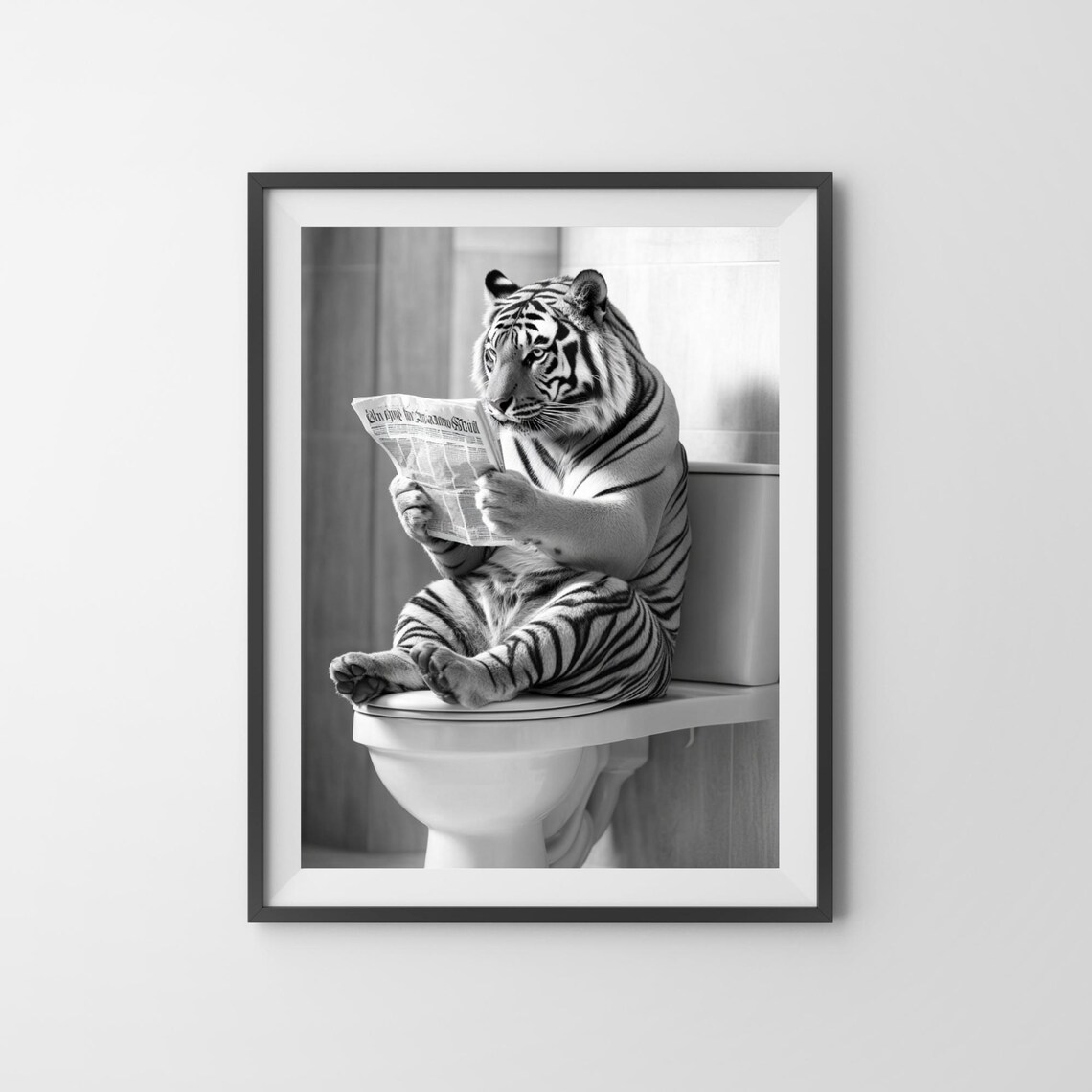 Tiger Reading Newspaper on Toilet Black and White Funny Poster - Image 3