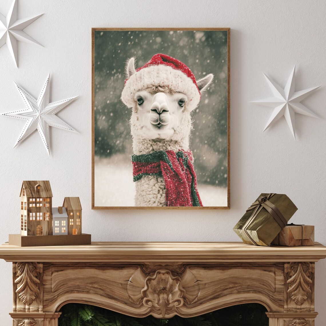 Alpaca Wearing Santa Hat And Knit Scarf Snowy Christmas Poster - Image 2