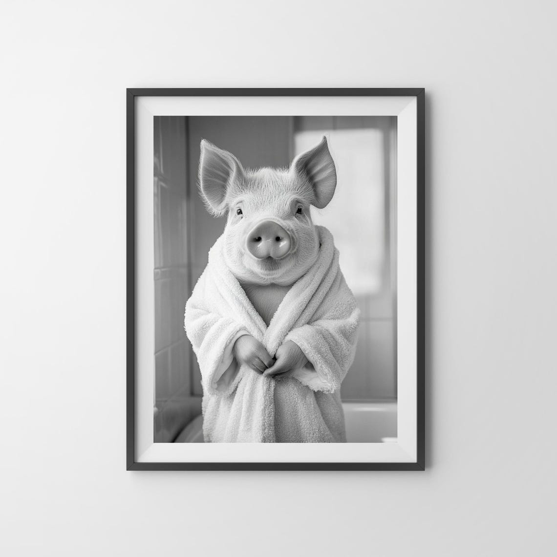 Cheerful Pig in a Bathrobe in Black and White Bathroom Poster - Image 3
