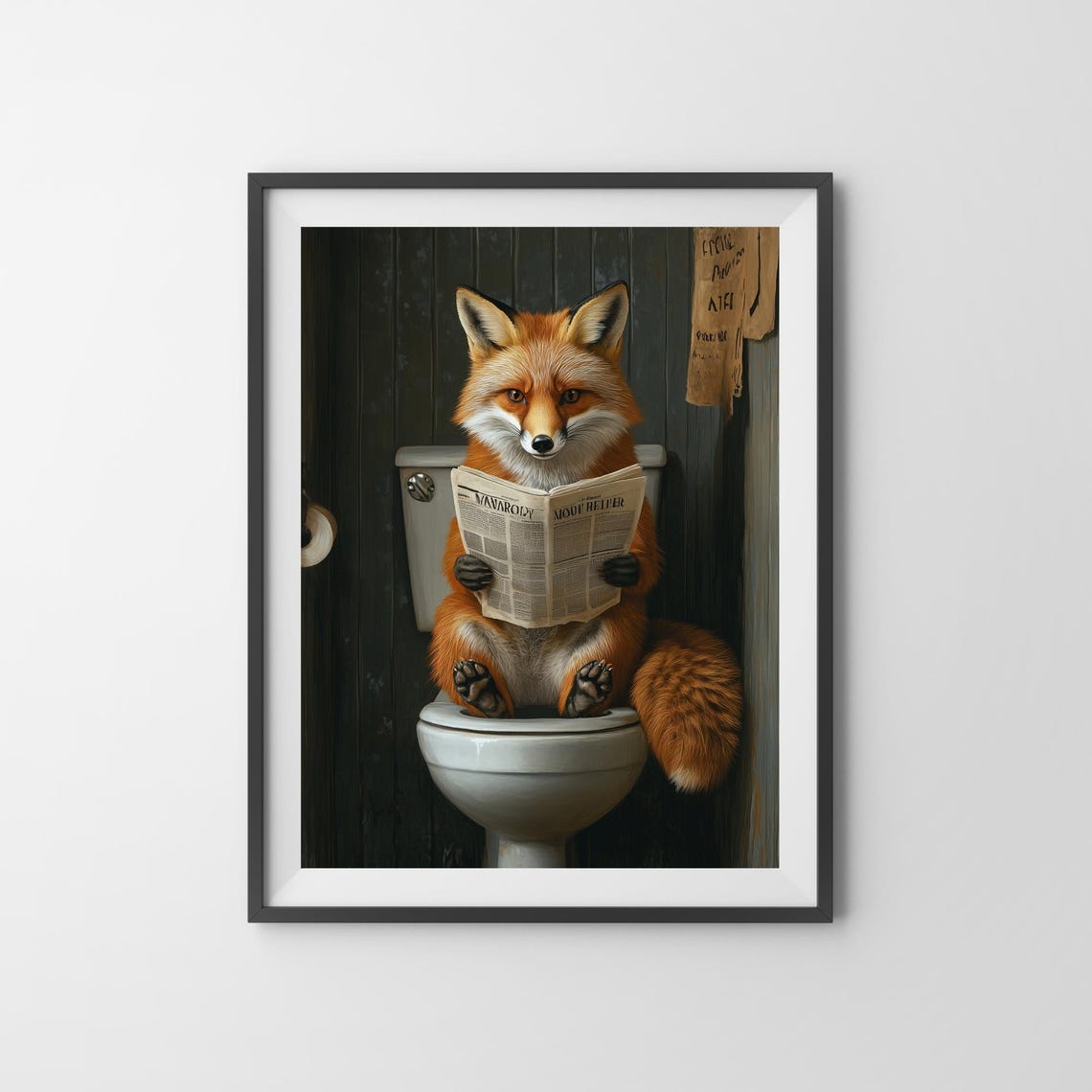 Funny Red Fox Sitting on Toilet Reading Newspaper Bathroom Poster - Image 3