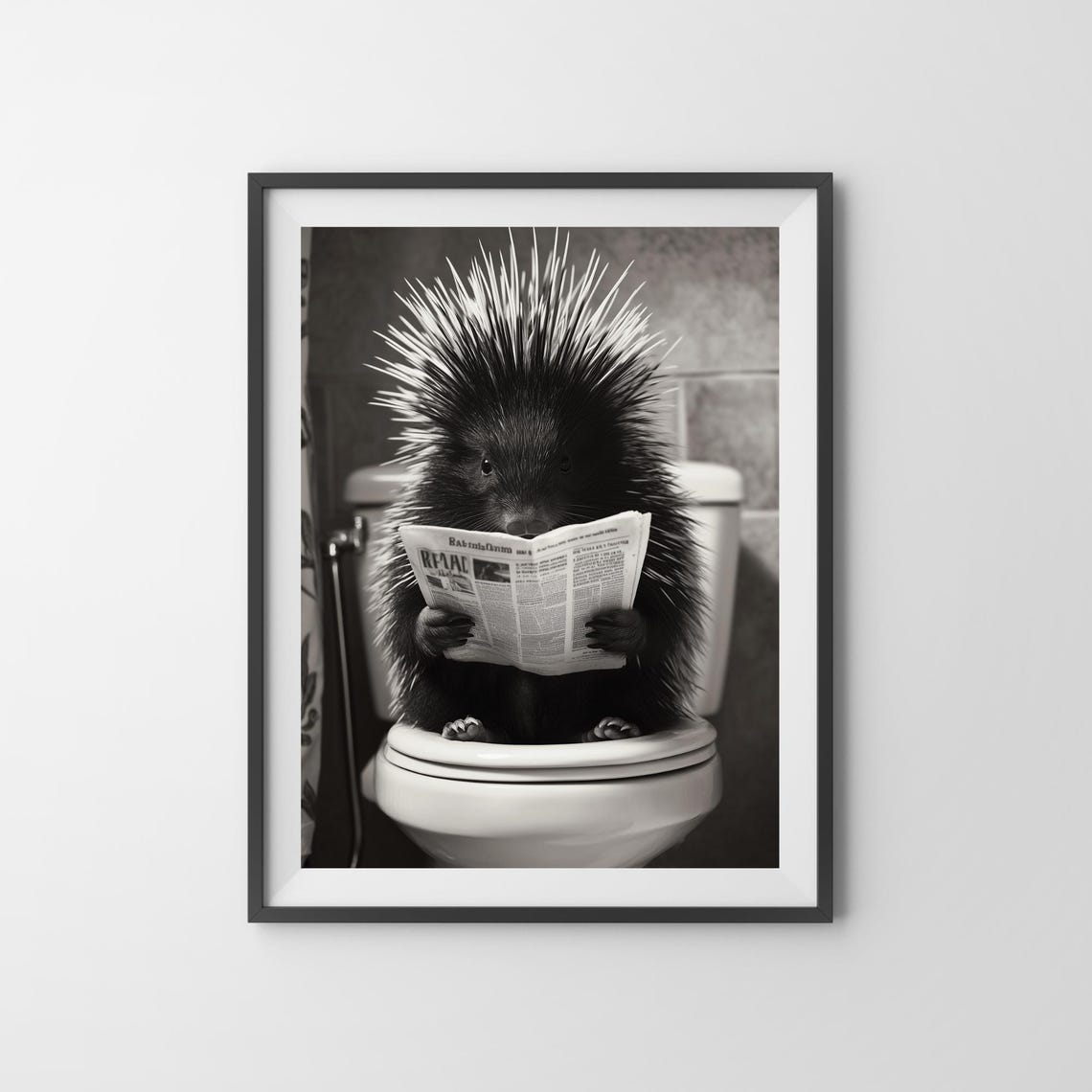 Porcupine Reading Newspaper On The Toilet Monochrome Bathroom Poster - Image 3