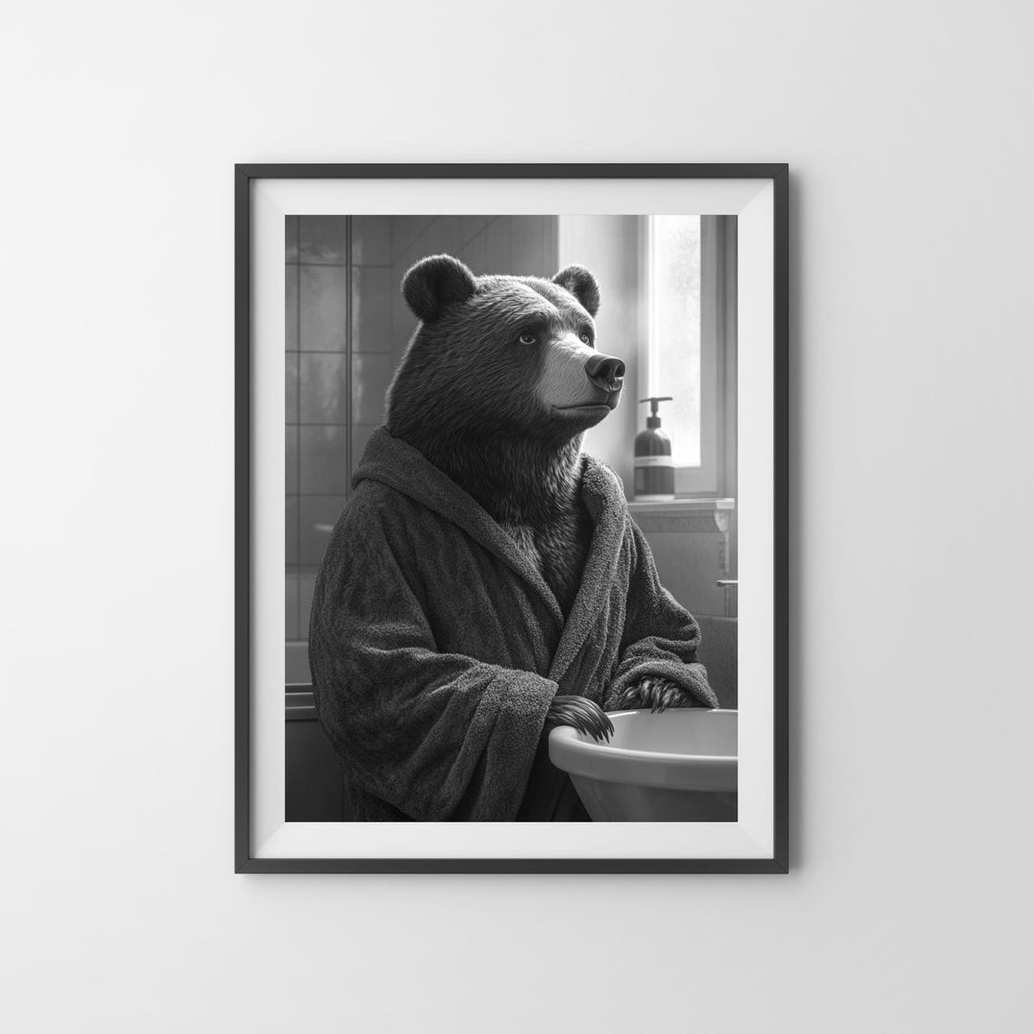 Bear in a Bathrobe at the Bathroom Sink Black and White Poster - Image 3