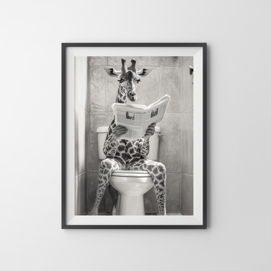 Giraffe Reading a Newspaper on the Toilet Black and White Bathroom Poster - Image 3