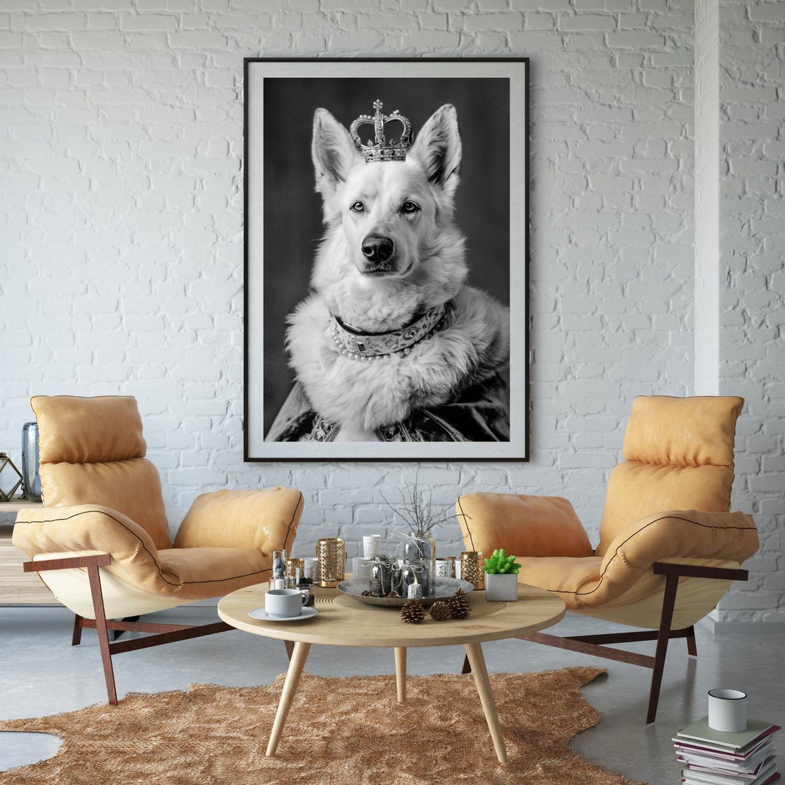 White German Shepherd King Wearing a Crown Black and White Dog Poster - Image 2