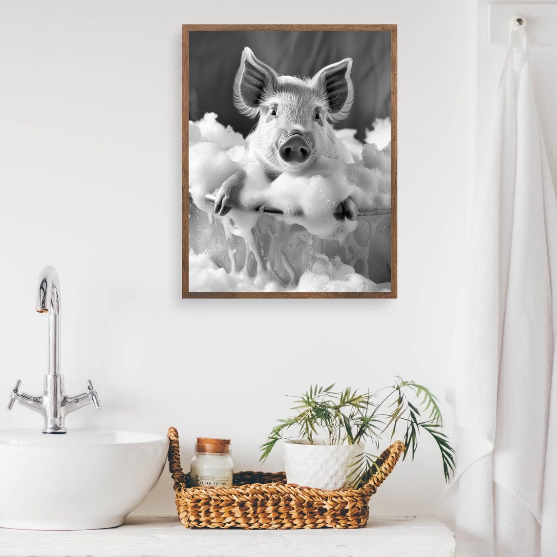 Pig Taking a Bubble Bath in Black and White Cute Animal Poster - Image 2