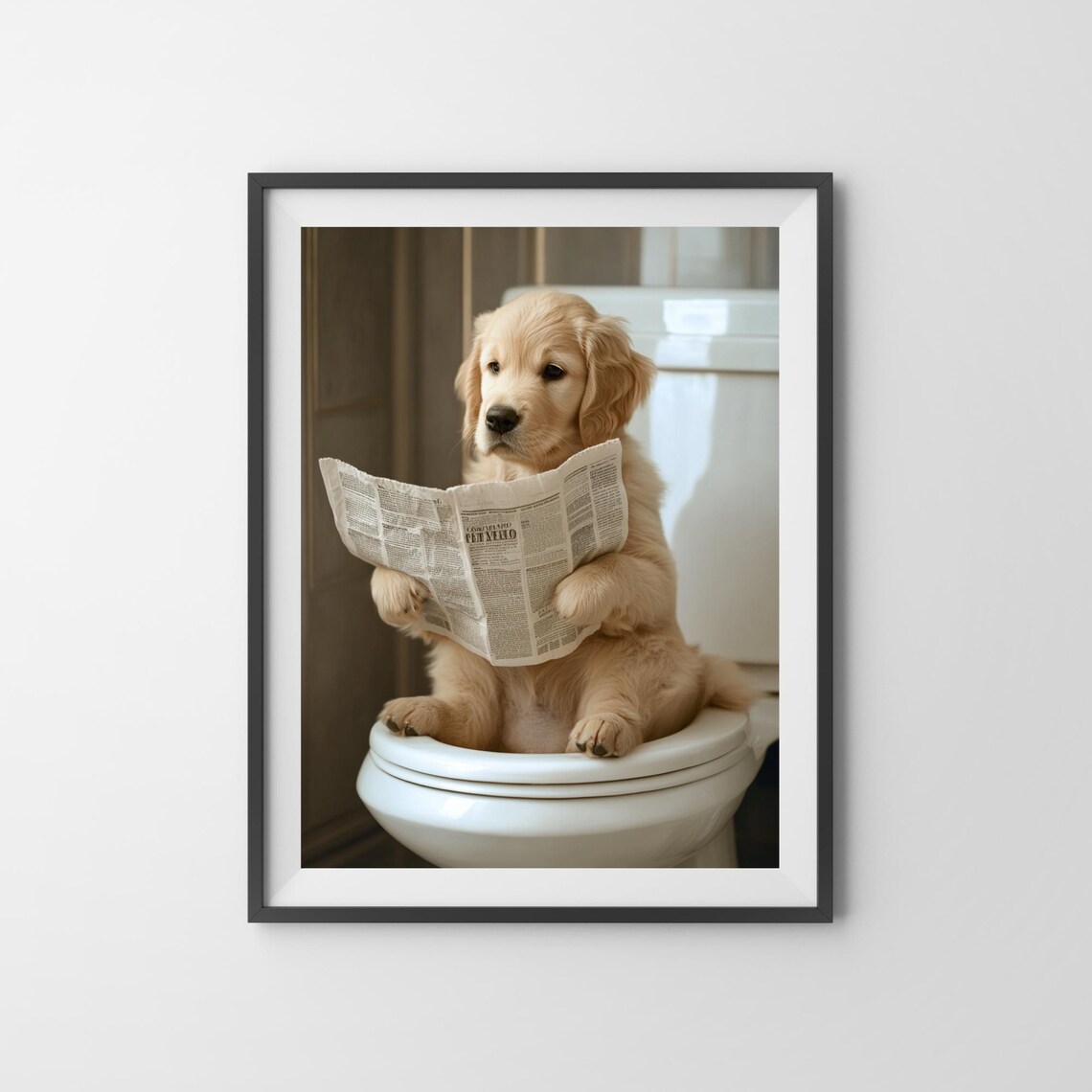 Funny Golden Retriever Puppy on Toilet Reading Newspaper Poster - Image 3