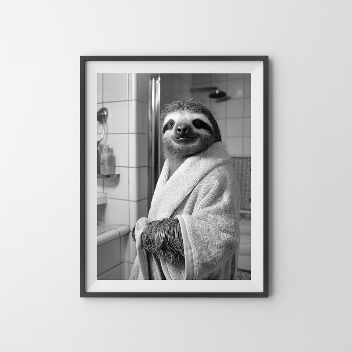 Smiling Sloth in White Bathrobe Black and White Bathroom Poster - Image 3
