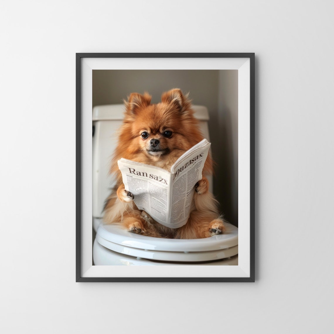 Pomeranian Reading Newspaper on Toilet Funny Bathroom Dog Poster - Image 3