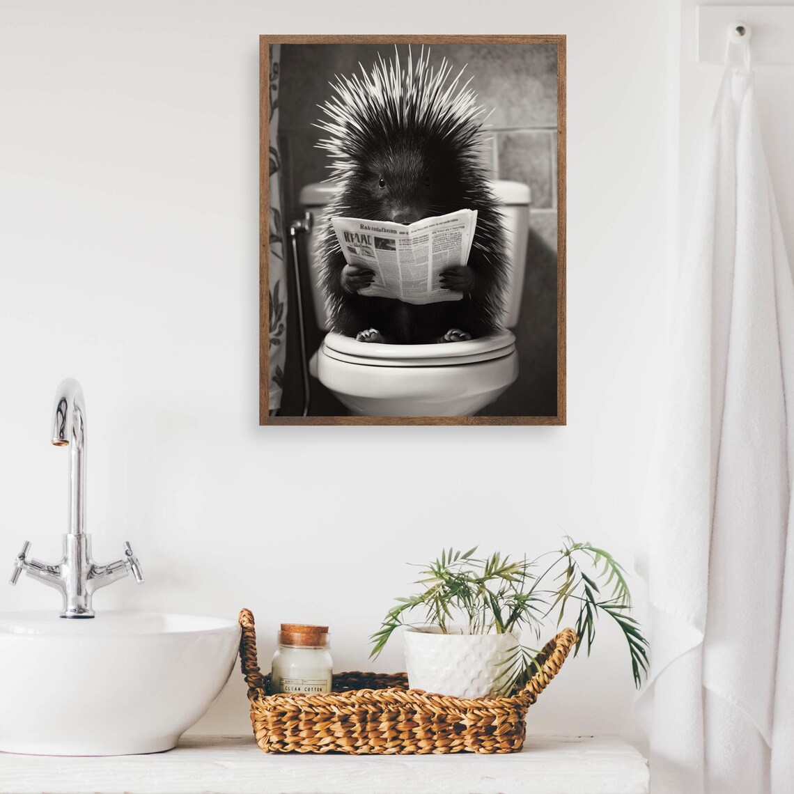 Porcupine Reading Newspaper On The Toilet Monochrome Bathroom Poster - Image 2