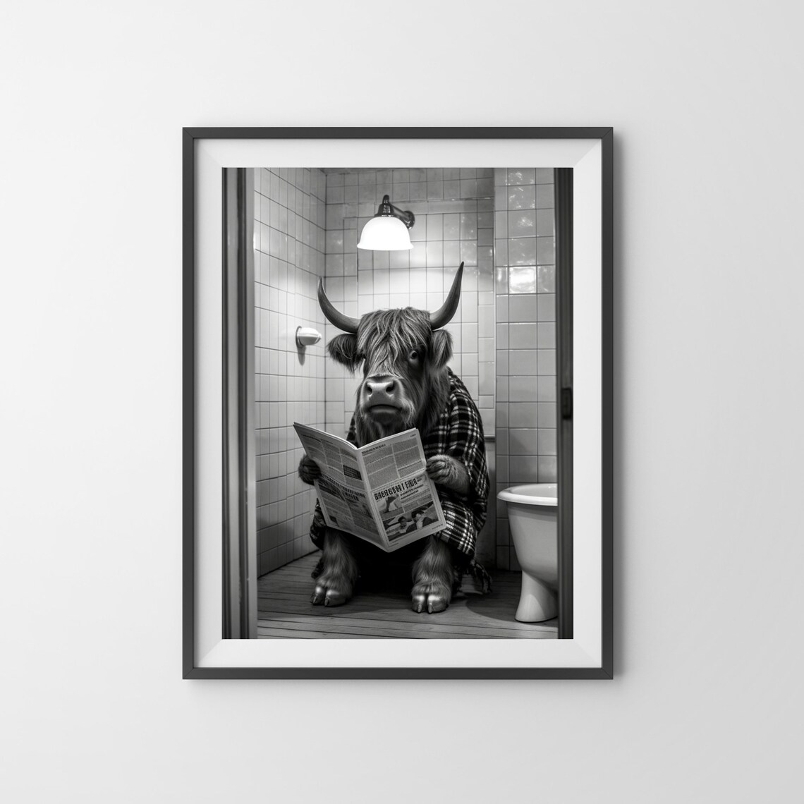 Highland Cow Reading a Newspaper on the Toilet Black and White Poster - Image 3