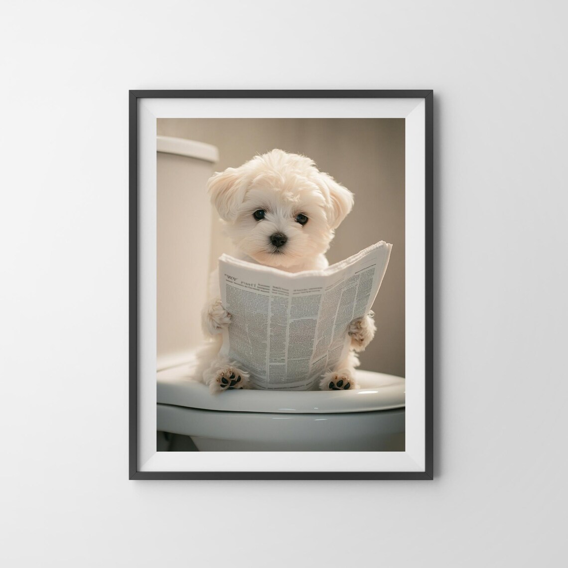 Maltese Puppy on the Toilet Reading Newspaper Cute Dog Poster - Image 3