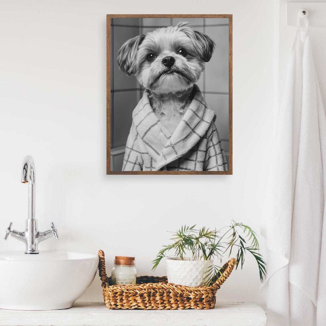 Shih Tzu Puppy in Plaid Bathrobe Black White Funny Pet Poster - Image 2