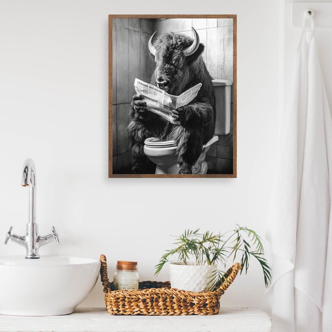 Funny Bison Sitting on Toilet Reading Newspaper Bathroom Poster - Image 2