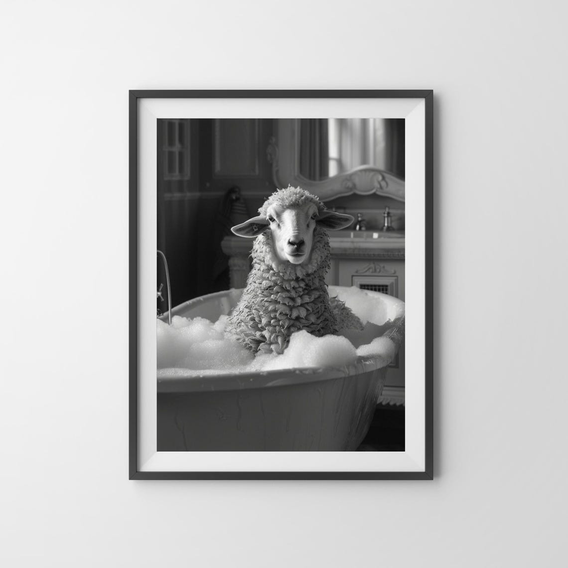 Sheep Enjoying a Bubble Bath in an Elegant Vintage Bathroom Poster - Image 3