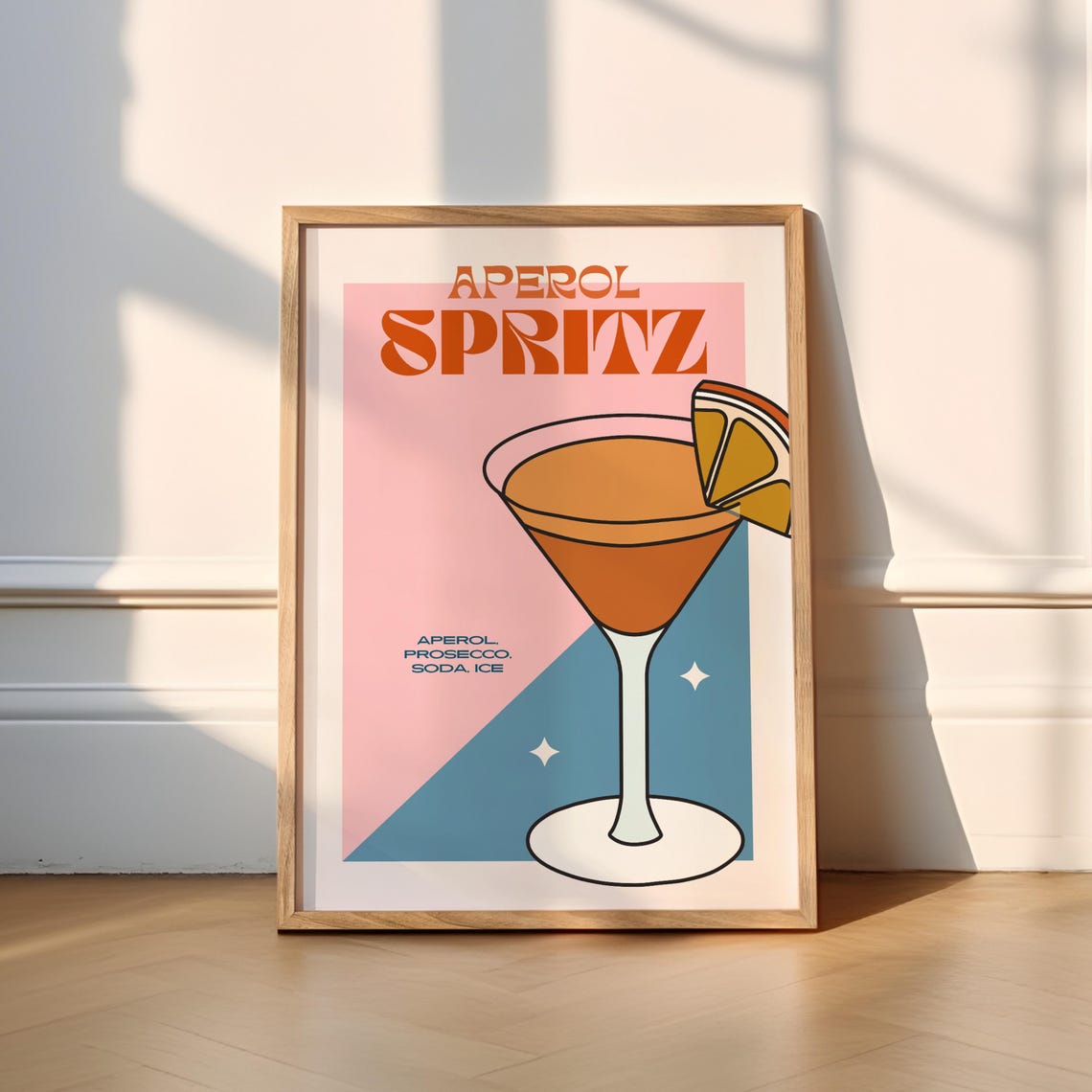 Retro Aperol Spritz Cocktail Bar Poster Pink Blue Illustration