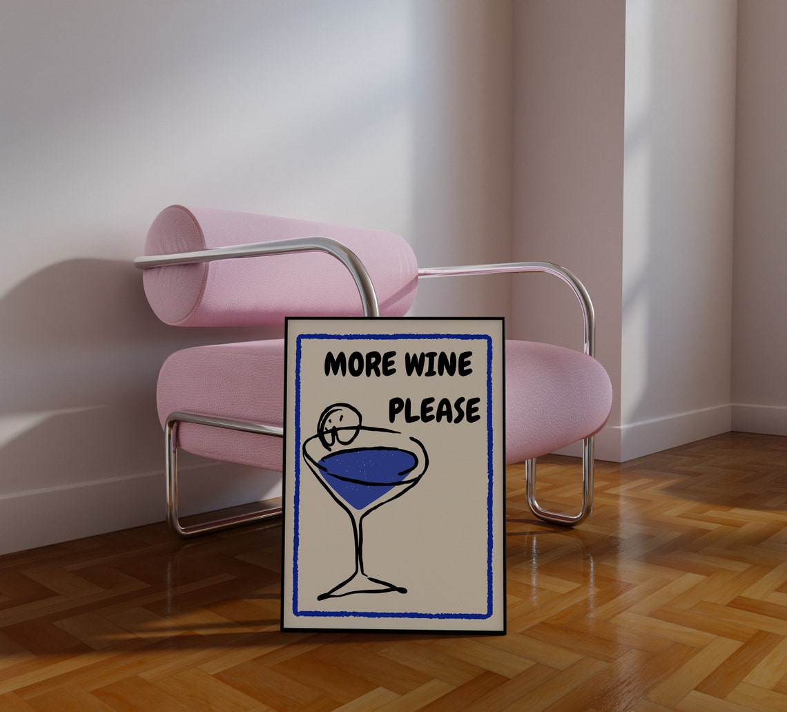 More Wine Please Poster Funny Wine Print Fun Kitchen Art Aesthetic Wall Art Pinterest Style Cocktail Print Blue Minimalist Art - Image 2