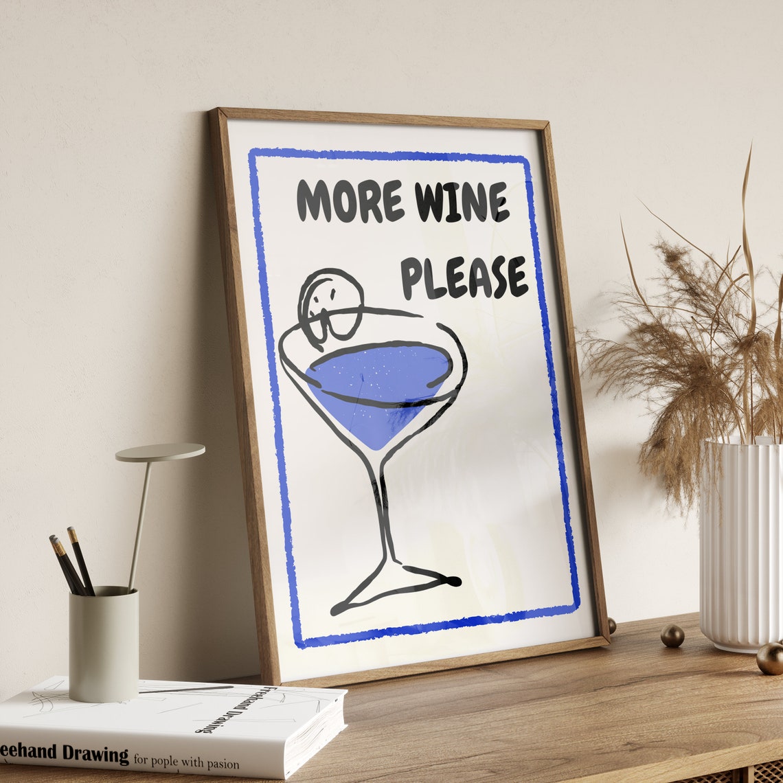 More Wine Please Poster Funny Wine Print Fun Kitchen Art Aesthetic Wall Art Pinterest Style Cocktail Print Blue Minimalist Art - Image 3