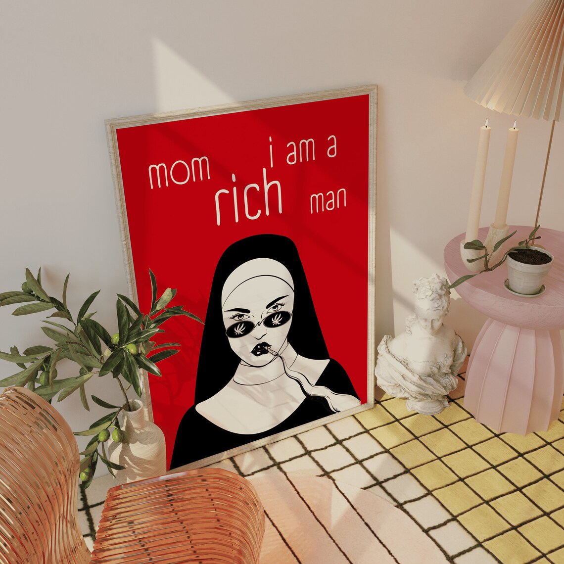 Mom I Am a Rich Man Edgy Nun Smoking Gothic Red Sunglasses Statement Poster - Image 3