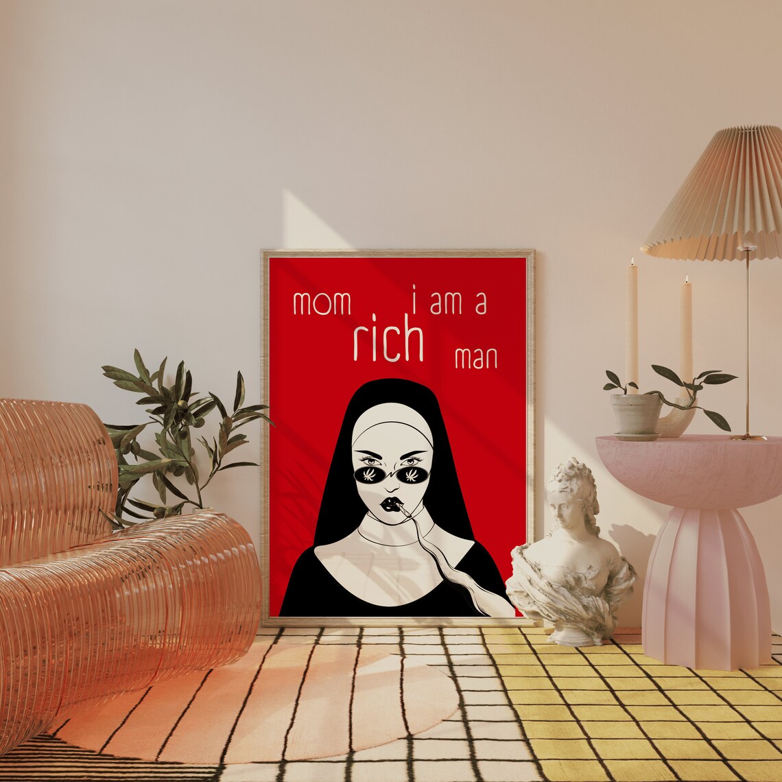 Mom I Am a Rich Man Edgy Nun Smoking Gothic Red Sunglasses Statement Poster - Image 2