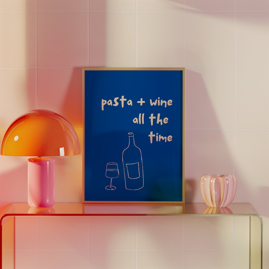 Pasta and Wine All the Time Funny Foodie Italian Kitchen Doodle Blue Poster - Image 2