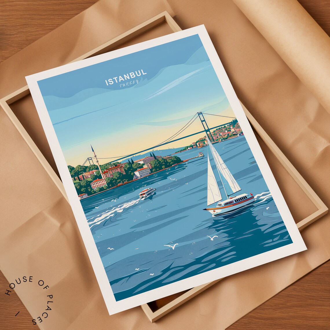 Istanbul Turkey Bosphorus Bridge Sailboat Vintage Travel Poster - Image 2