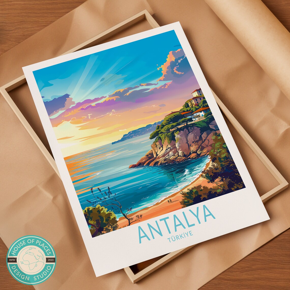 Antalya Turkiye Sunset Coast Cliffs Vintage Style Travel Poster - Image 2