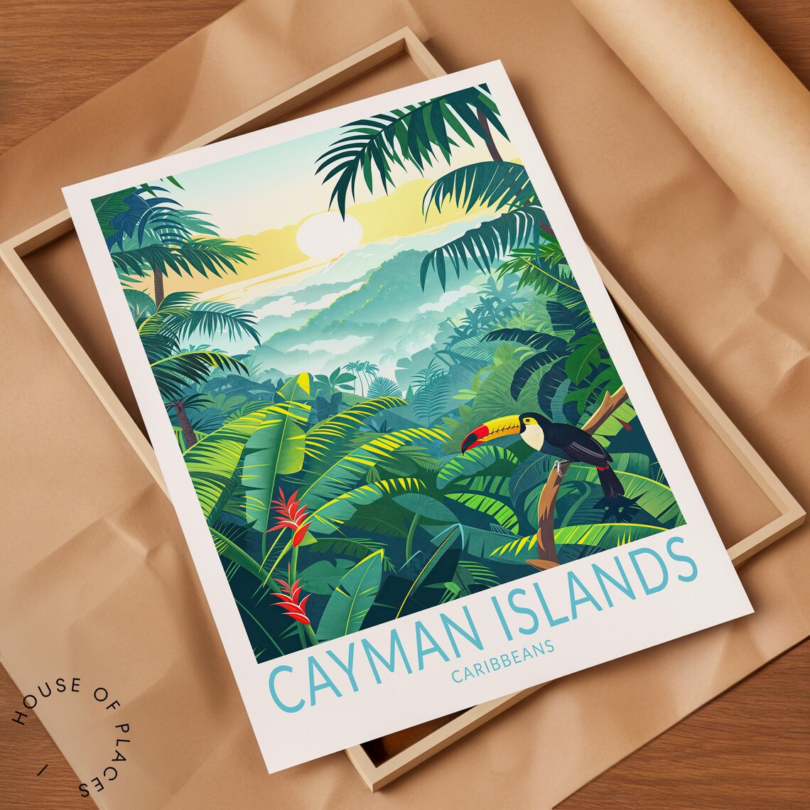 Cayman Islands Caribbean Tropical Jungle Toucan Sunrise Travel Poster - Image 2