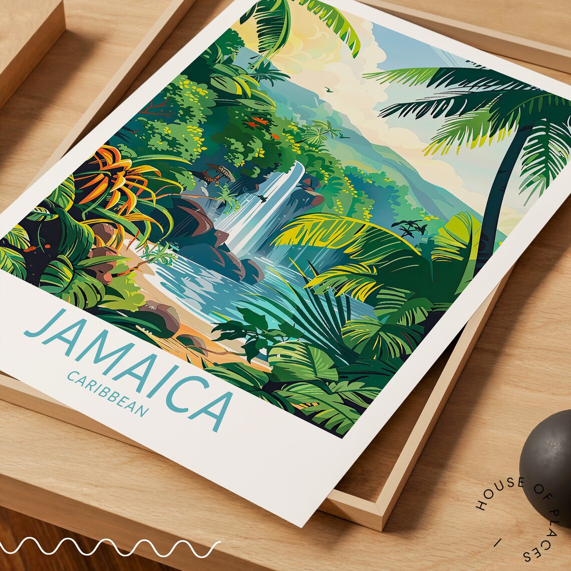 Jamaica Caribbean Waterfall Tropical Jungle Stream Palms Bottom Text Travel Poster - Image 3