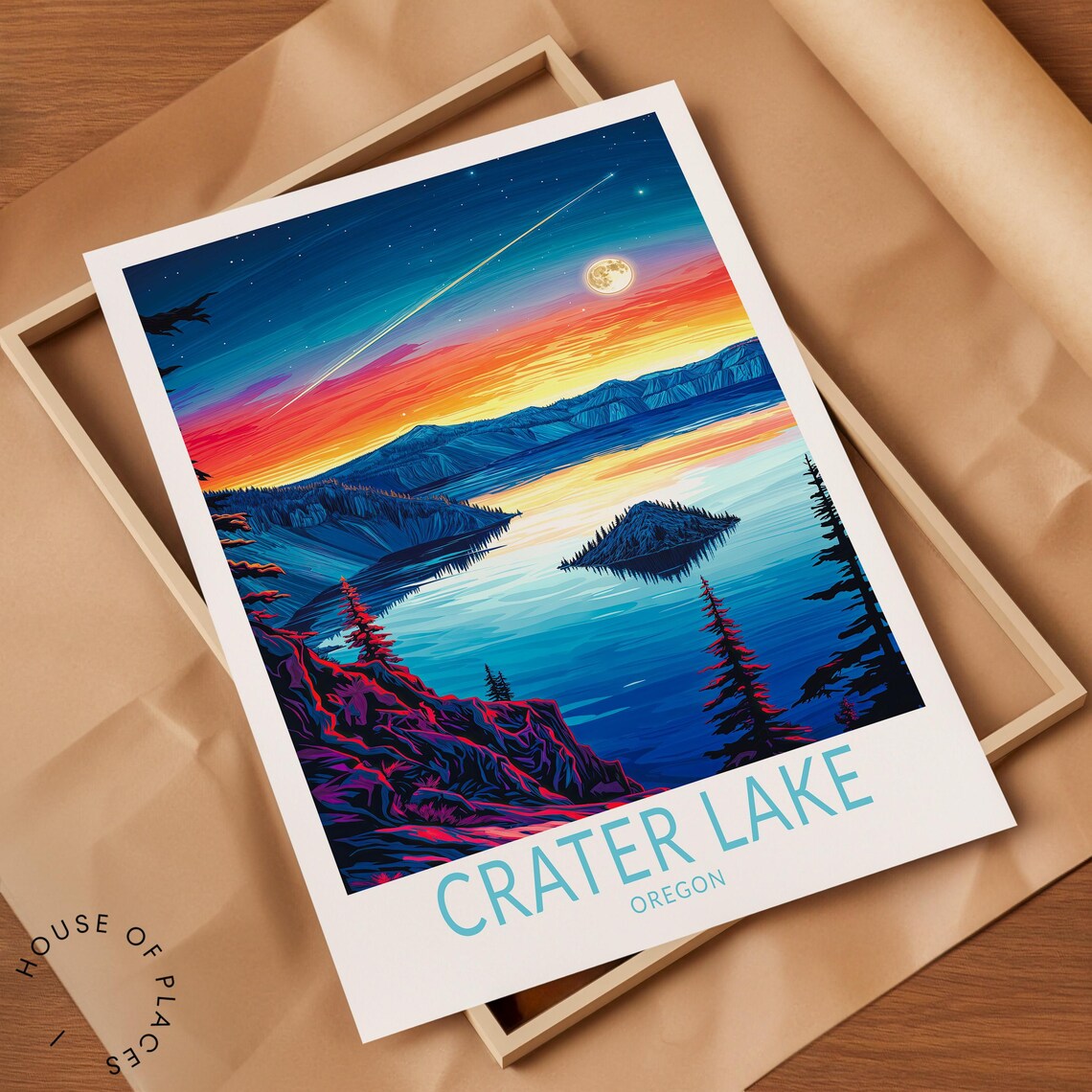 Crater Lake Moonrise Sunset Night Sky Oregon Retro Travel Poster - Image 2
