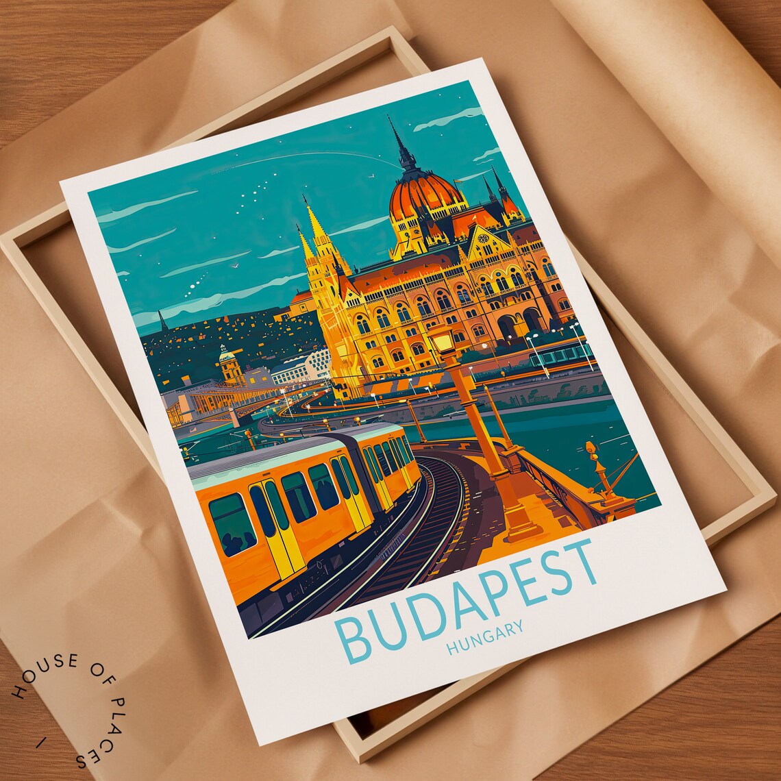 Budapest Hungary Night Tram Parliament Building Travel Poster - Image 2
