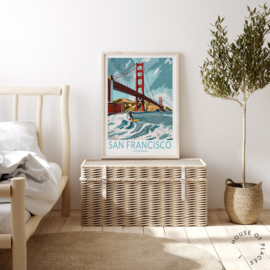 San Francisco Golden Gate Bridge Surfer California Travel Poster - Image 3