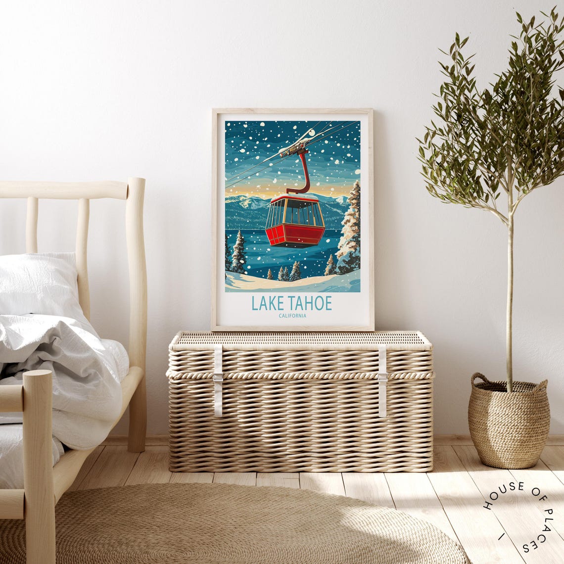 Lake Tahoe California Red Gondola Snowfall Winter Scene Poster - Image 2