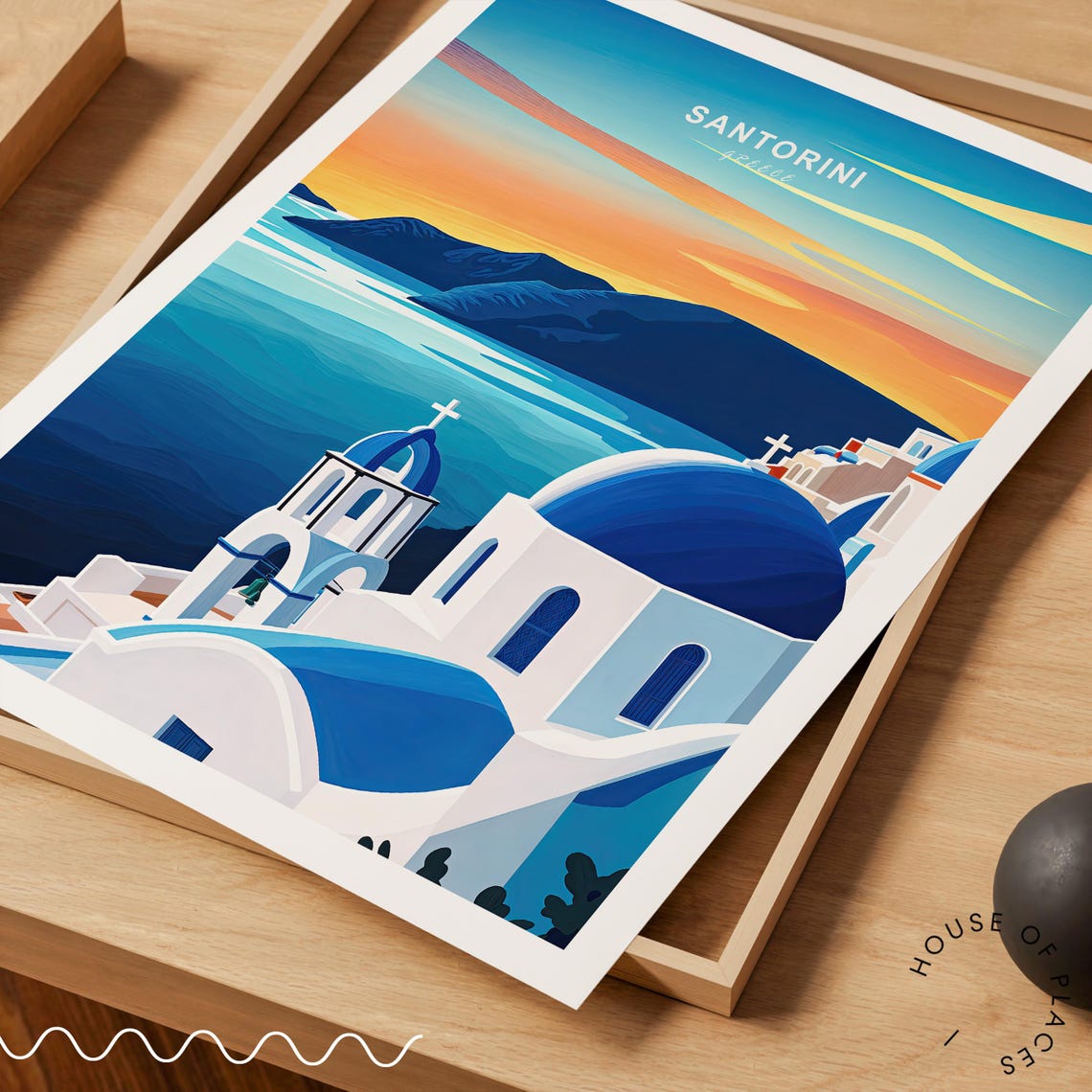Santorini Greece Sunset Blue Domes Script Text Travel Poster - Image 3