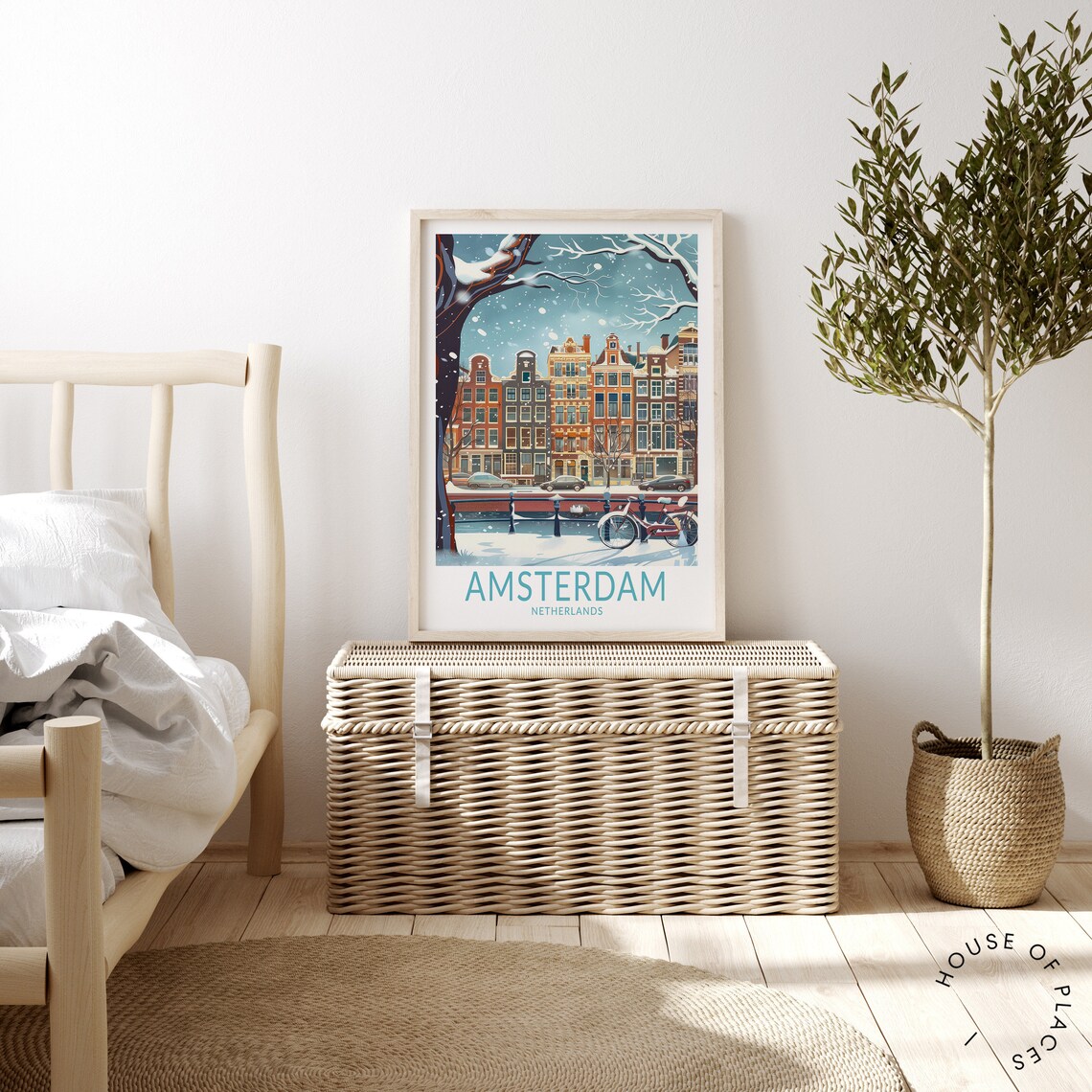 Amsterdam Snowy Winter Canal Houses Bicycle Scene Travel Poster - Image 3