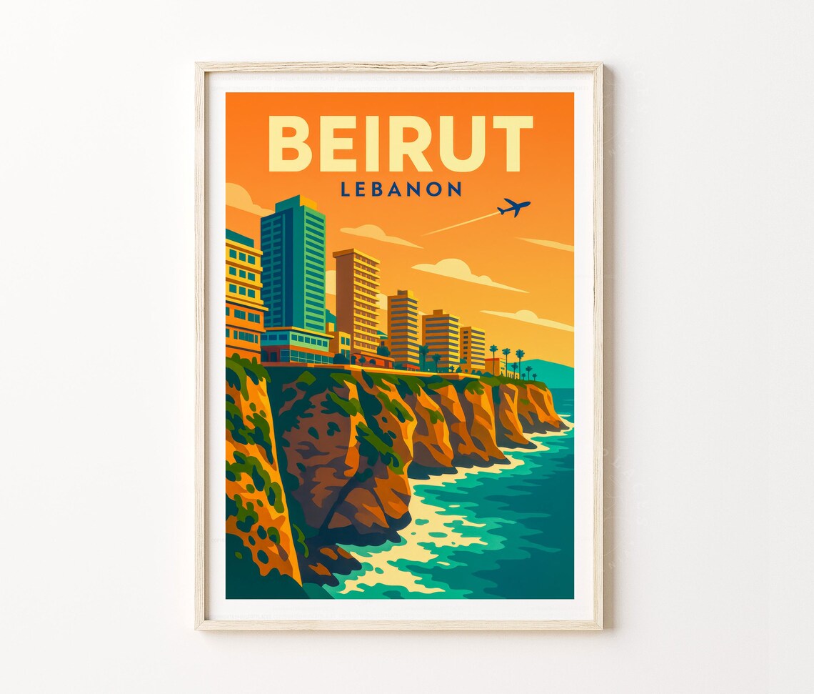 Beirut Lebanon Seaside City Cliffs Vintage Retro Orange Travel Poster