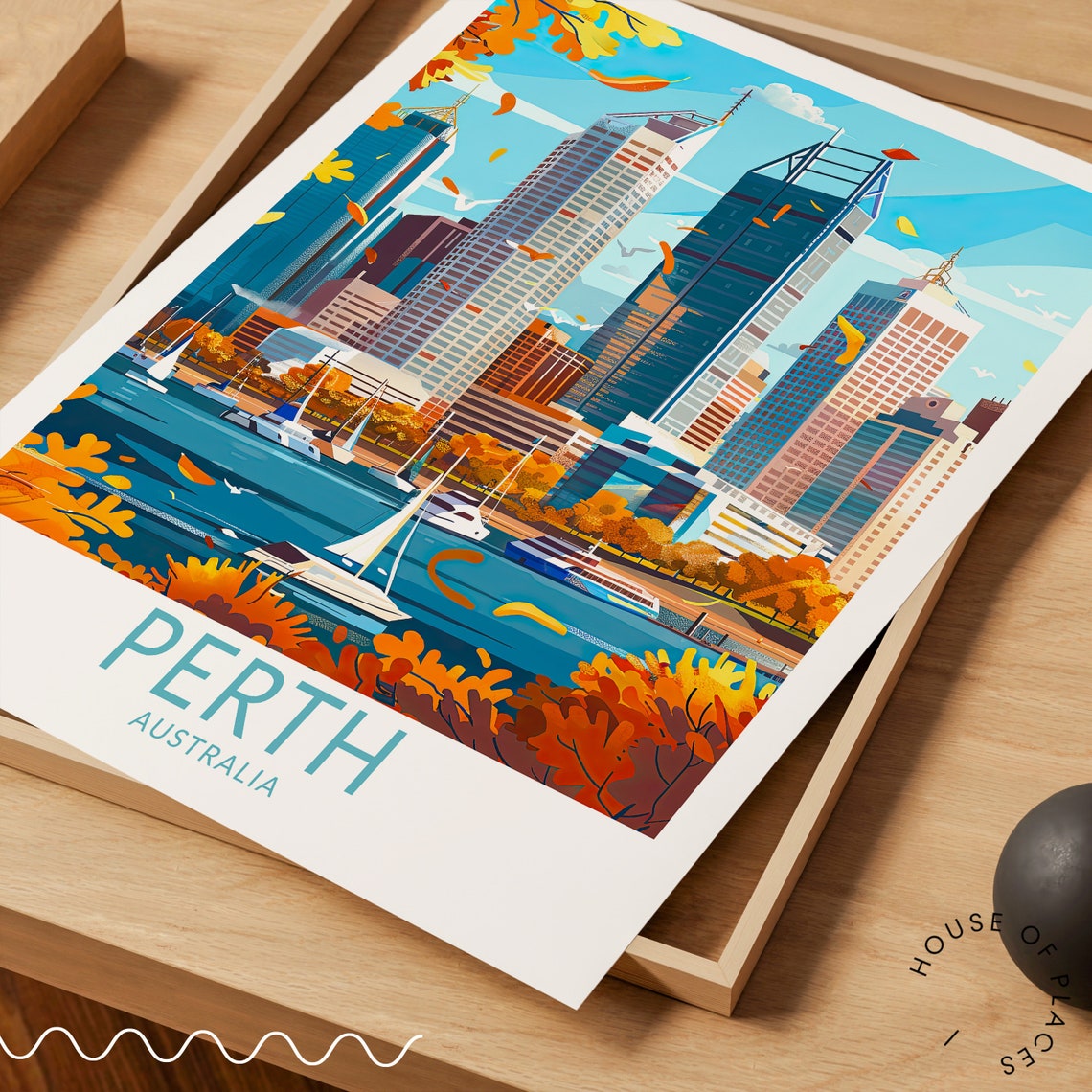 Perth Australia Autumn Skyline With Sailboats Golden Travel Poster - Image 3