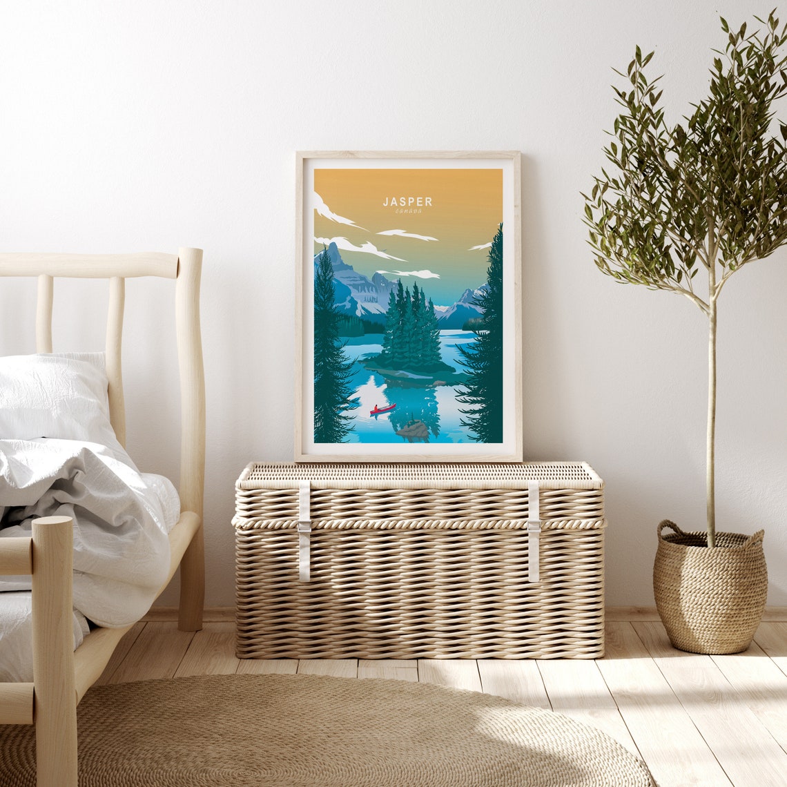 Jasper Canada Red Canoe on Turquoise Lake Mountain Art Poster - Image 3