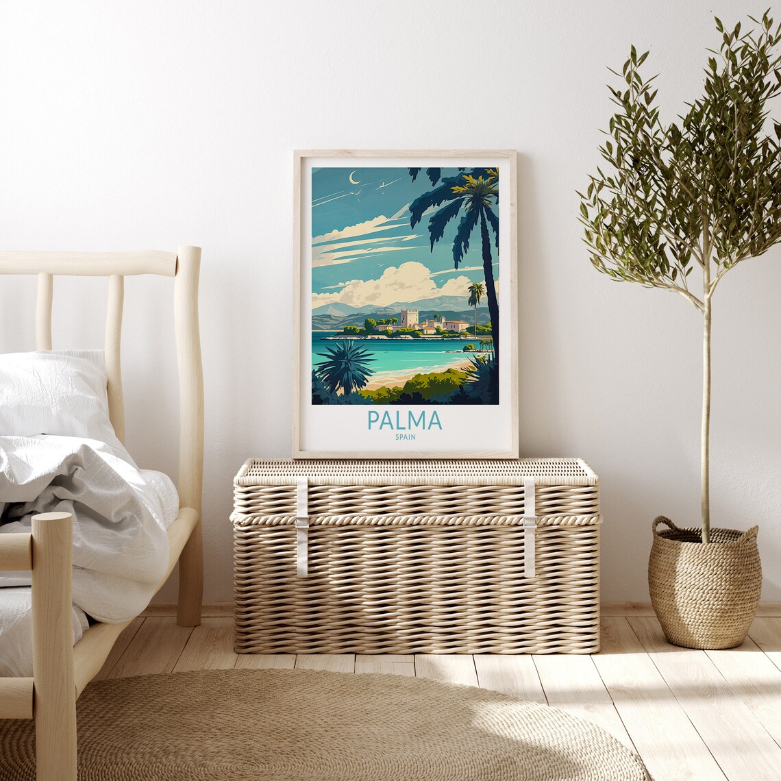 Palma Spain Turquoise Bay Palm Trees And Old Town Travel Poster - Image 3