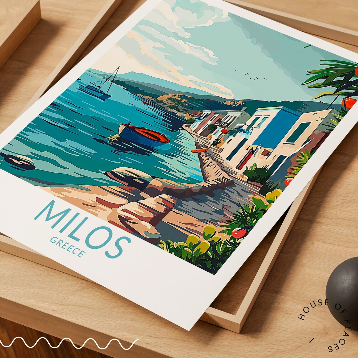 Milos Greece Waterfront Street With Boats Rocky Shore Travel Poster - Image 3