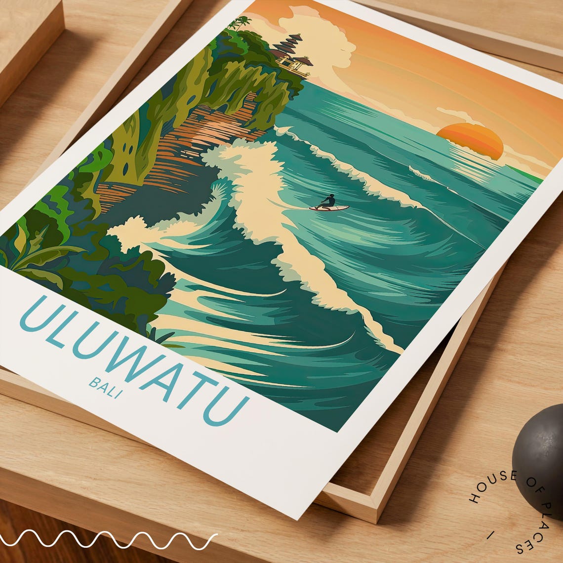 Uluwatu Bali Surfer Riding a Giant Wave at Sunset Travel Poster - Image 3