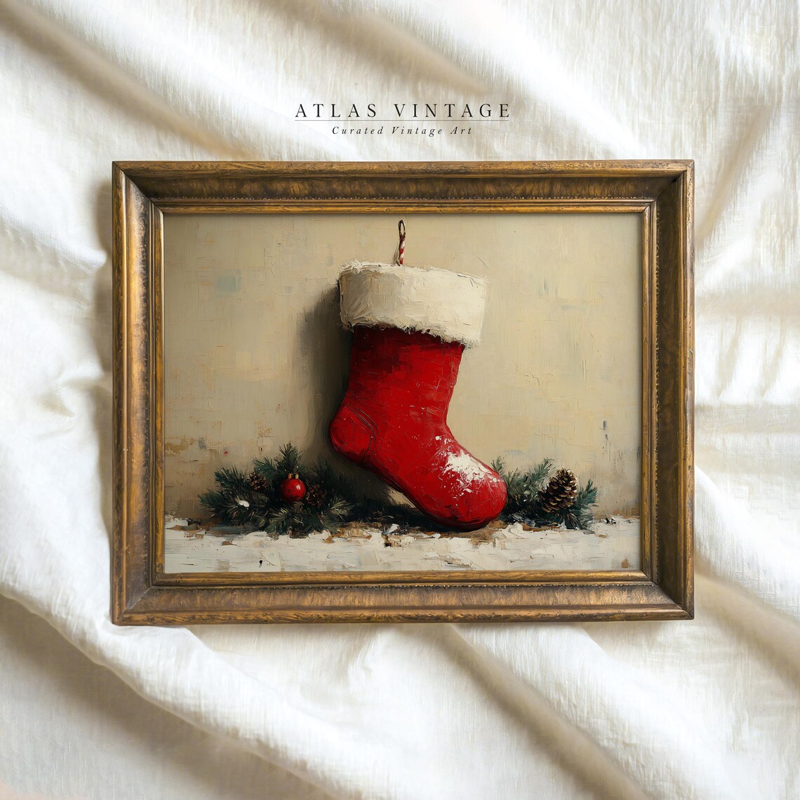 Red Christmas Stocking with Pinecones Vintage Holiday Art Poster
