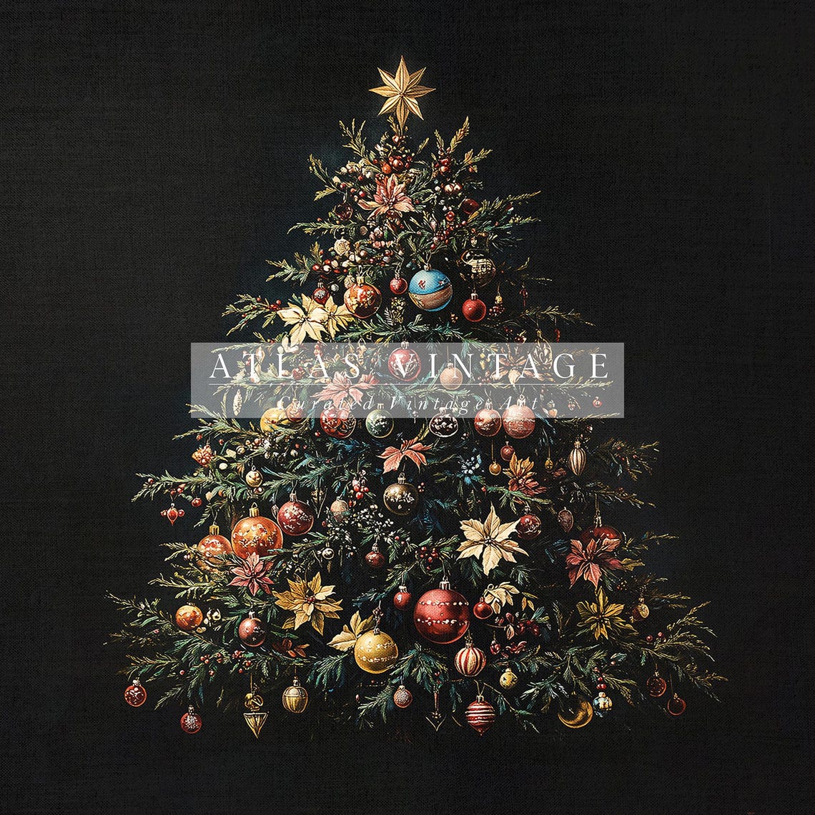 Dark Christmas Tree With Ornaments on Black Holiday Art Poster - Image 8