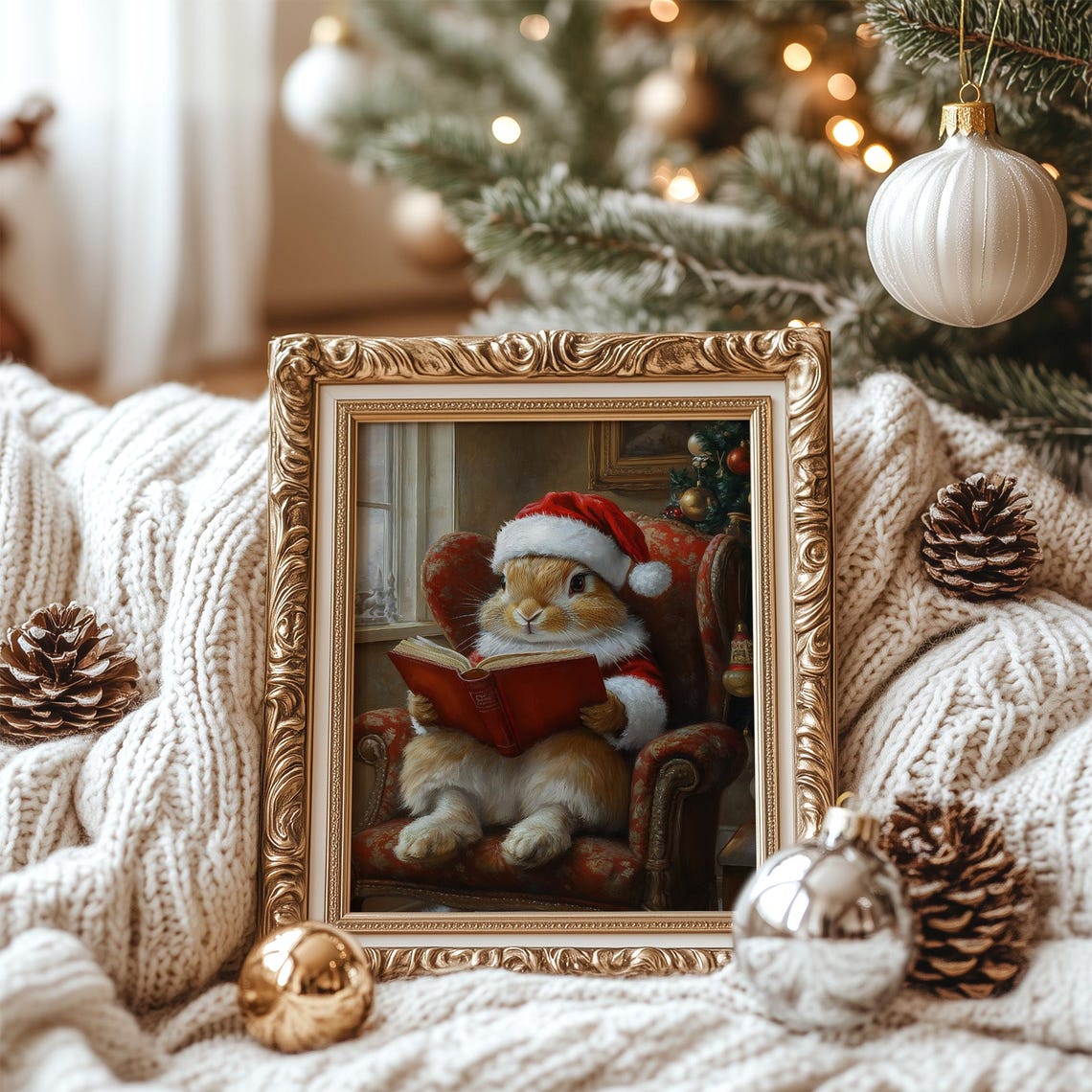 Cute Bunny Reading Book in Santa Hat Christmas Nursery Poster - Image 7