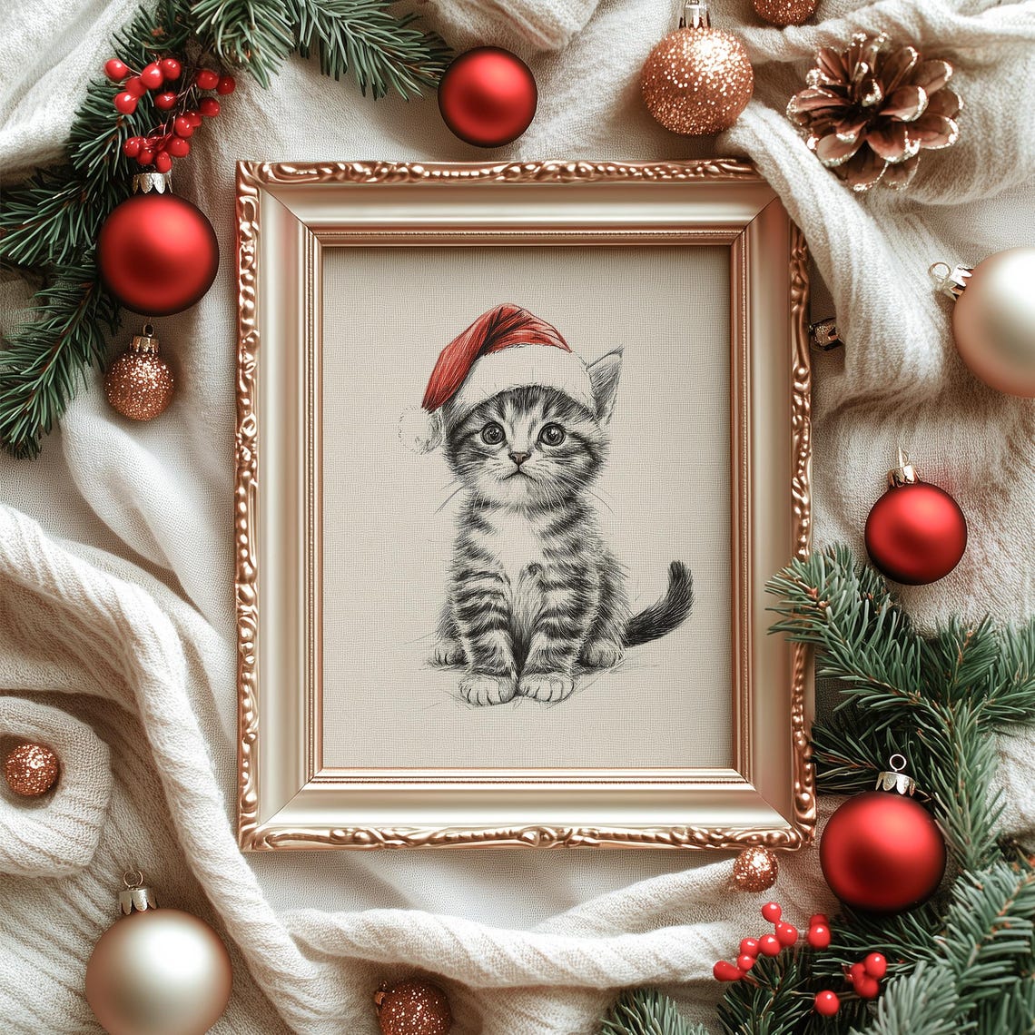 Kitten in Santa Hat Sketch Cute Tabby Cat Christmas Drawing Poster - Image 7