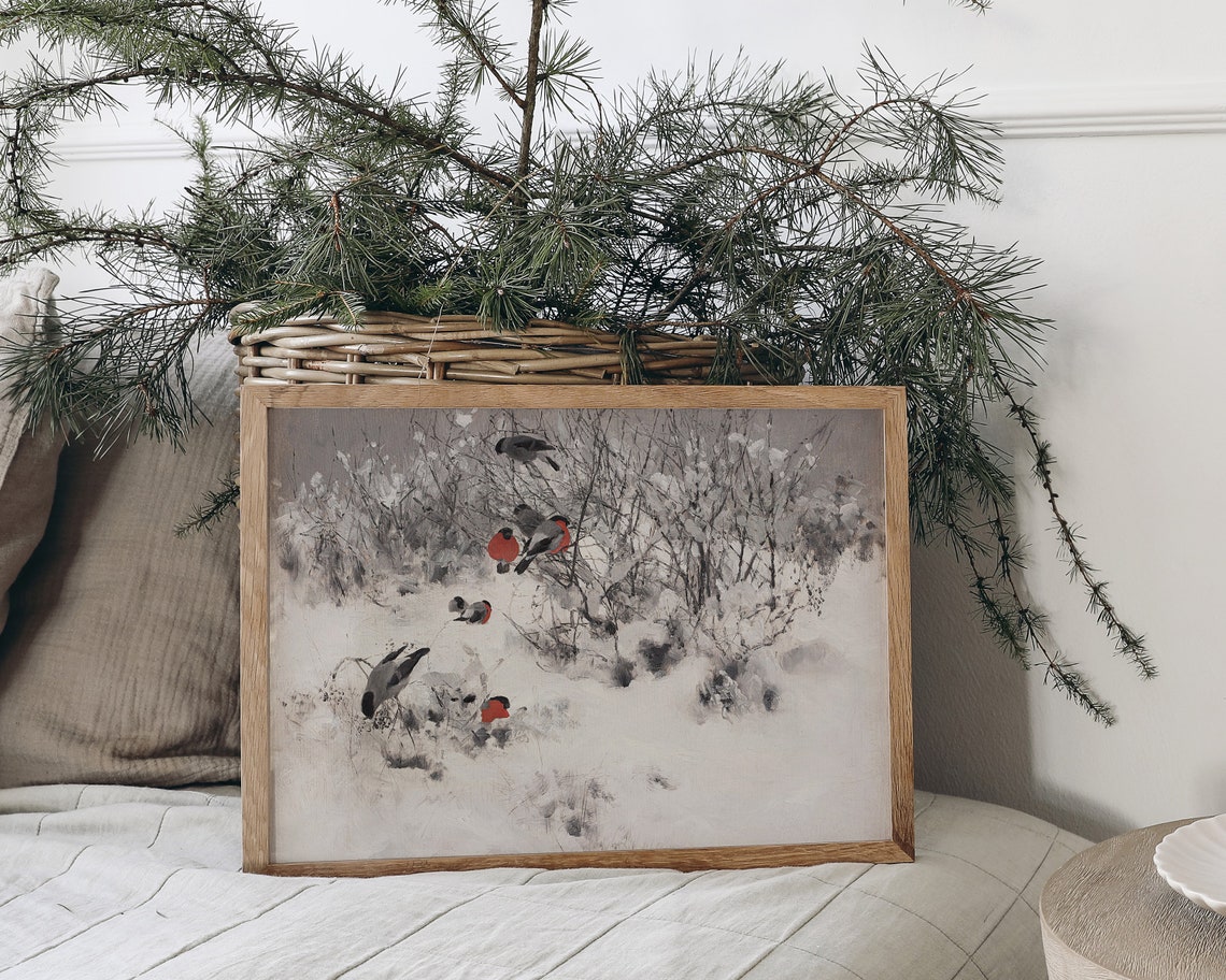Bullfinch Birds in Snowy Branches Vintage Winter Wildlife Art Poster - Image 4