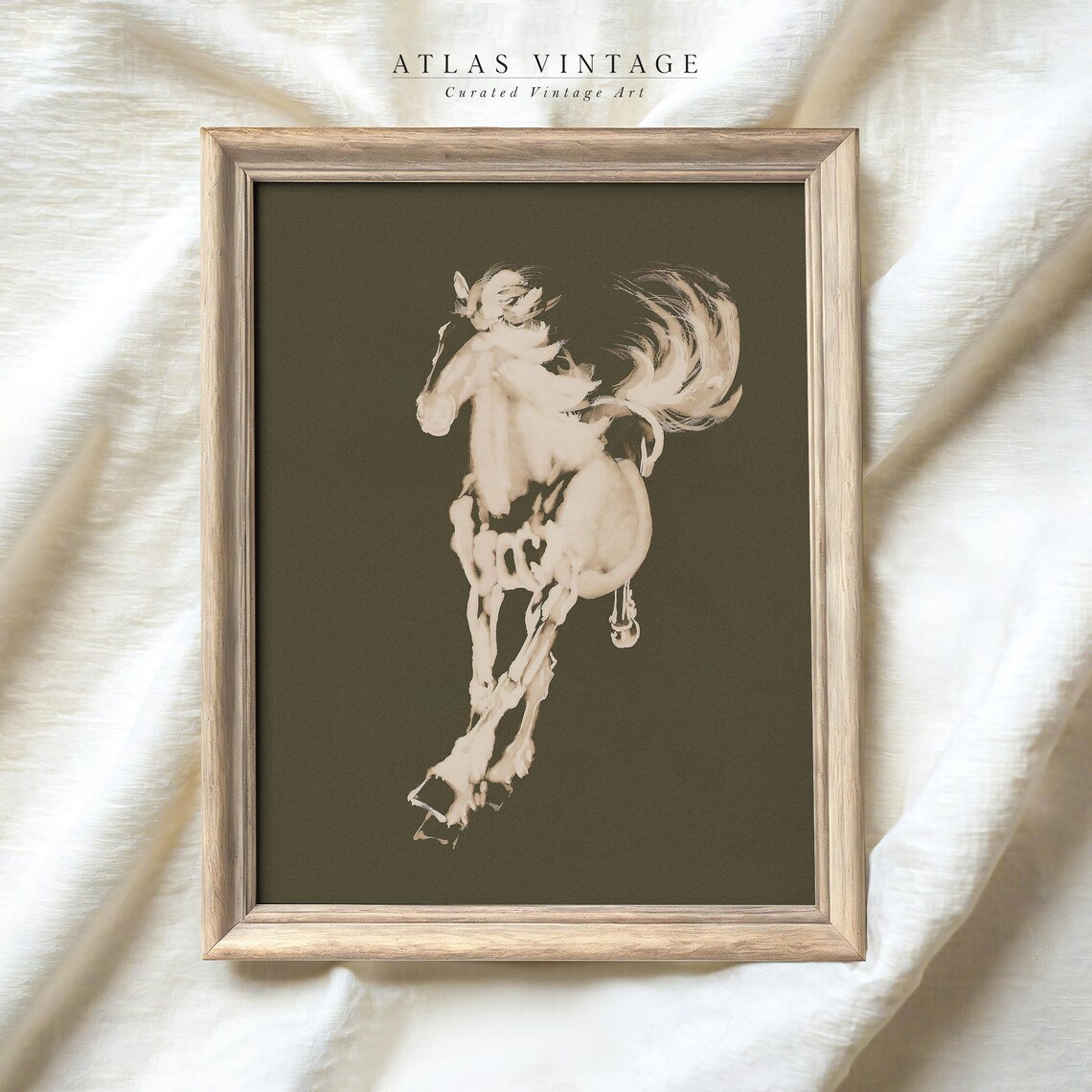 White Horse Sketch on Dark Olive Vintage Minimalist Equine Art Poster - Image 4