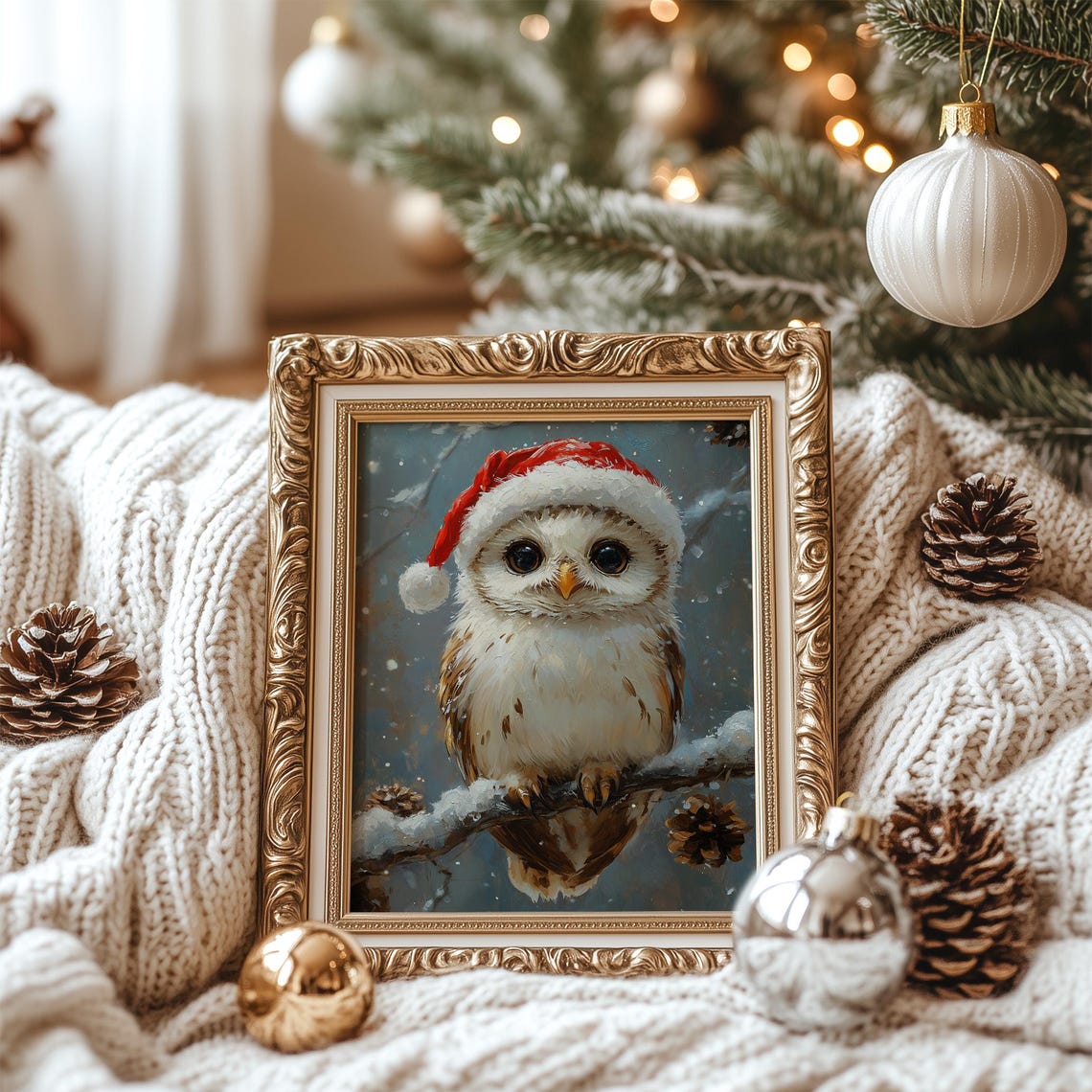 Cute Owl Santa Hat Winter Painting Snowy Christmas Bird Poster - Image 7